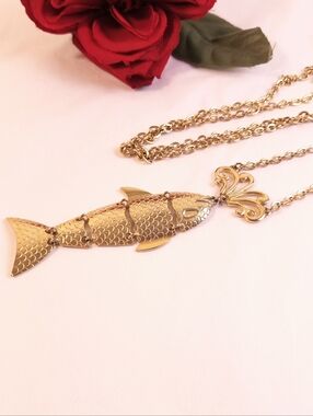 Vintage Articulated Golden Fish Pendant Necklace 32" Chain 3.5" Fish Statement